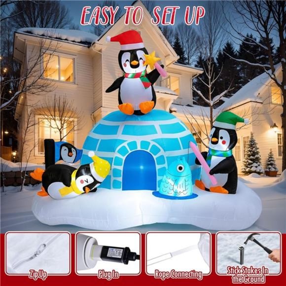 6.9ft Christmas Inflatables Igloo with 3 Penguins, Outdoor LED Light Up Penguin - Picture 3 of 6